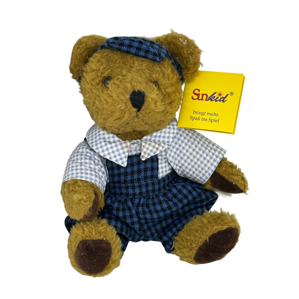 Sunkid Teddy Bear Plush Brown Gingham Shirt Blue Checkered Overalls Hat Soft Toy
